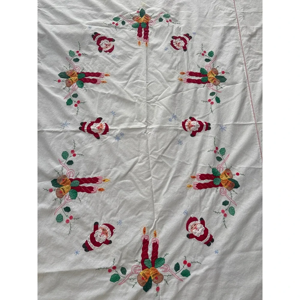 Vintage Hand Embroidered Christmas Tablecloth Santa Claus Scalloped Edge 61x79